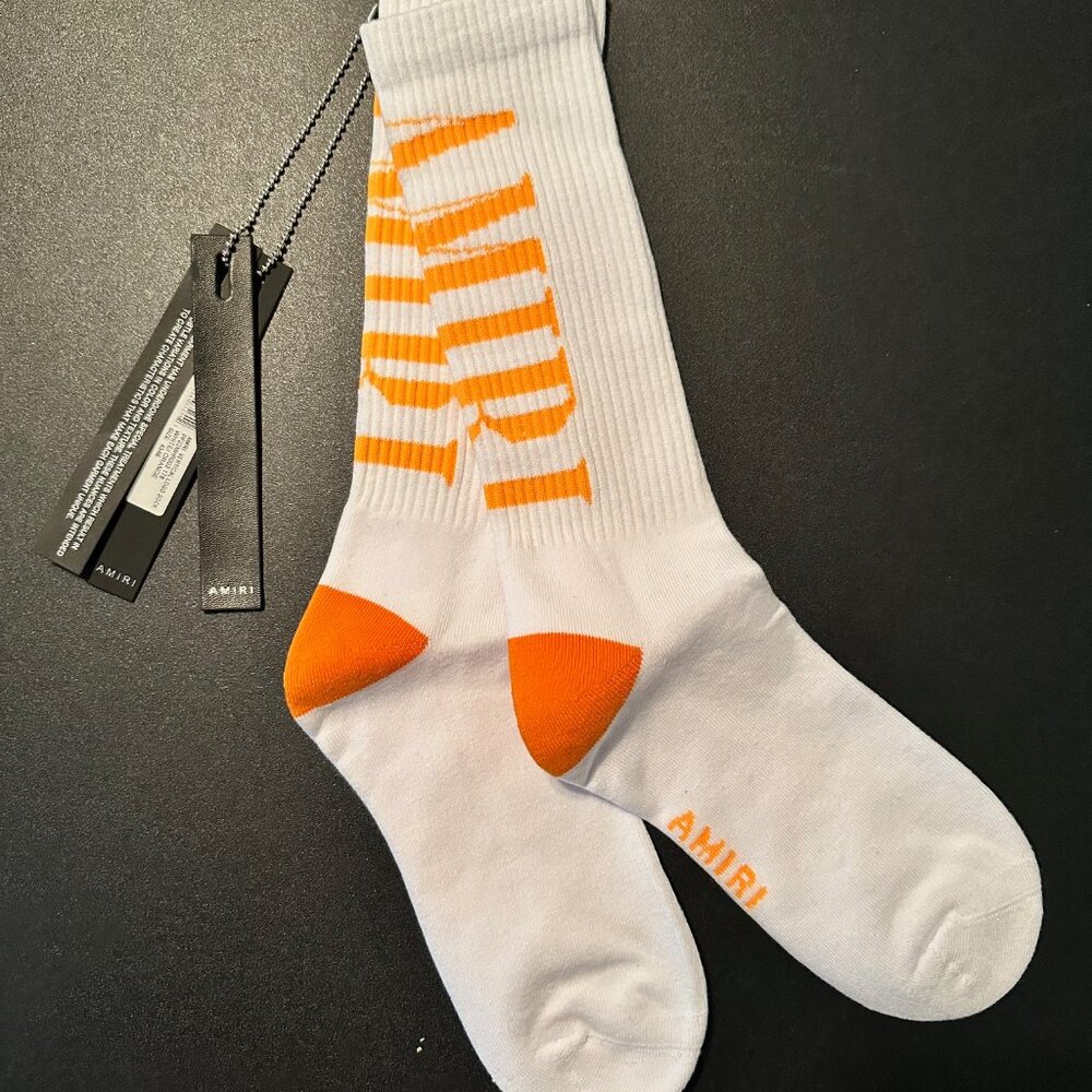 AMIRI Orange Verticle Core Logo Socks - New with tags ( size 11.5 - 13 )